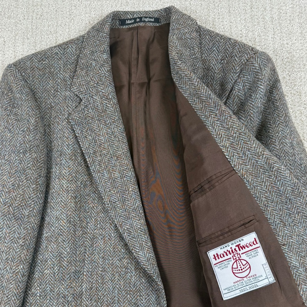 Harris Tweed Mens 40R Grey Brown Herringbone Wool Blazer Sport Coat England